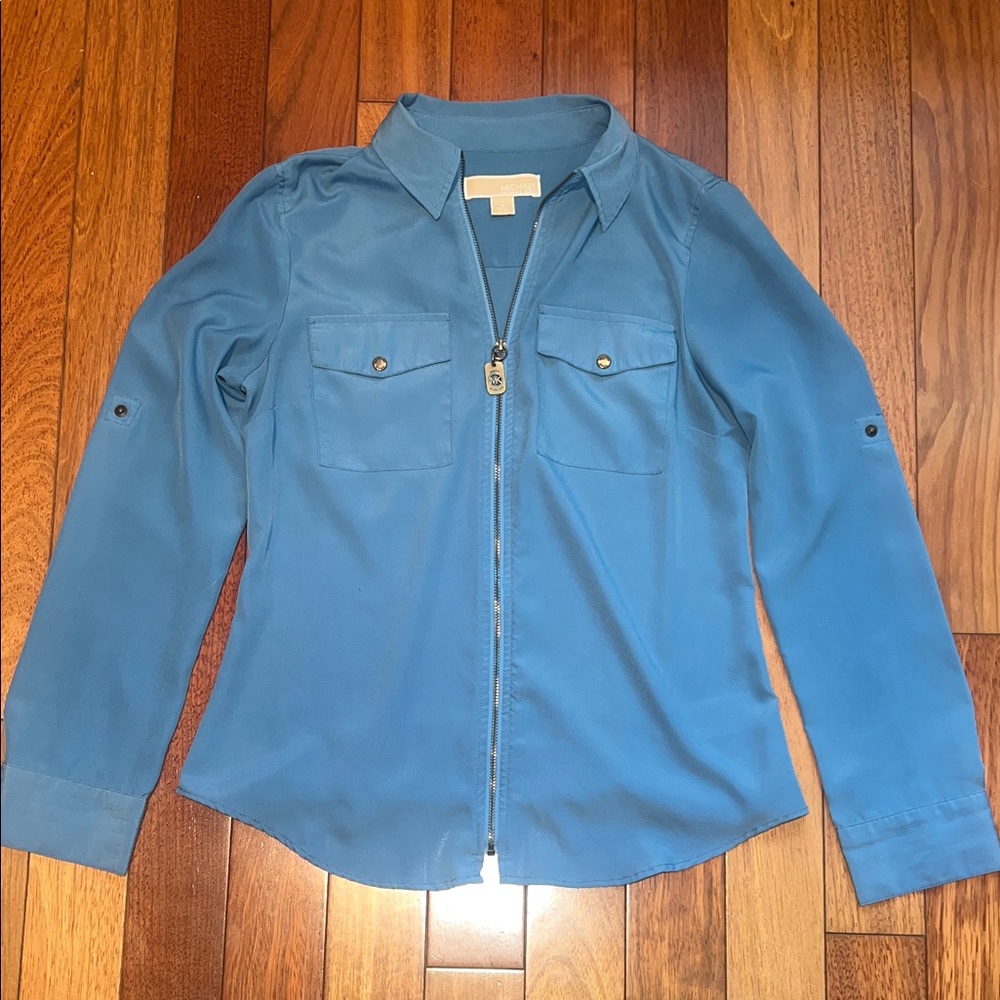 Michael Kors Blue Zip-Front Button Pocket Blouse